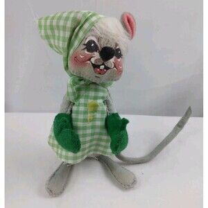 Vintage AnnaLee Mobilitee Dolls Gray Mouse Green White Gingham Spring Flawed